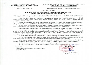 Thông báo mời báo giá dung dịch chạy thận nhân tạo của Bệnh viện Đa khoa tỉnh Quảng Ninh (Thông báo số 1550/TB-BVT)