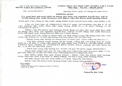 Thông báo về việc mời báo giá hóa chất sử dụng cho máy xét nghiệm huyết học Advia 2120I hãng sản xuất Siemens của Bệnh viện Đa khoa tỉnh Quảng Ninh