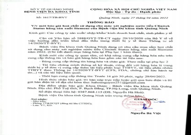 Thông báo về việc mời báo giá hóa chất sử dụng cho máy xét nghiệm nước tiểu Clinitek Status hãng sản xuất Siemens của Bệnh viện Đa khoa tỉnh Quảng Ninh