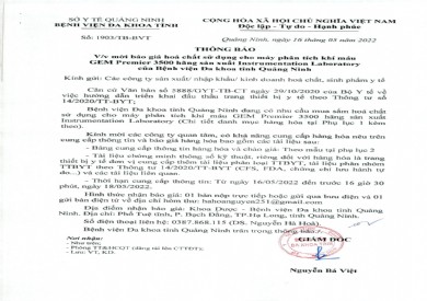 Thông báo về việc mời báo giá hóa chất sử dụng cho máy phân tích khí máu GEM Premier 3500 hãng sản xuất Intrusmentation Laboratory của Bệnh viện Đa khoa tỉnh Quảng Ninh