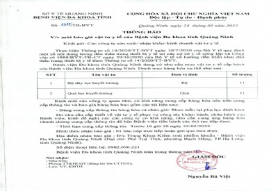 Thông báo mời báo giá Vật tư y tế của Bệnh viện Đa khoa tỉnh Quảng Ninh (Thông báo số 1975/TB-BVT)
