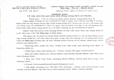 Thông báo về việc mời báo giá mua sắm bông, dung dịch sát khuẩn (Thông báo số 1995/TB-BVT)
