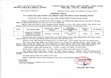Thông báo về việc mời báo giá thuốc của Bệnh viện Đa khoa tỉnh Quảng Ninh (Thông báo số 2024/TB-BVT)