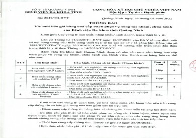 Thông báo mời báo giá hàng hóa cấp bách phục vụ công tác khám, chữa bệnh của Bệnh viện Đa khoa tỉnh Quảng Ninh (Thông báo số 2047/TB-BVT)