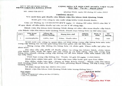 Thông báo về việc mời báo giá thuốc của Bệnh viện Đa khoa tỉnh Quảng Ninh (Thông báo số 1843-TB/BVT)
