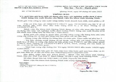 Thông báo về việc mời báo giá hóa chất sử dụng cho máy xét nghiệm miễn dịch Cobas E601 hãng sản xuất Roche của Bệnh viện Đa khoa tỉnh Quảng Ninh