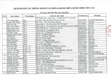 Danh sách lịch khám tại Khoa khám chữa bệnh theo Yêu cầu của Bệnh viện Đa khoa tỉnh Quảng Ninh (từ ngày 20/06 - 25/06/2022)