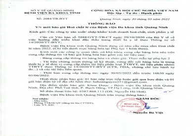 Thông báo mời báo giá hóa chất lẻ của Bệnh viện Đa khoa tỉnh Quảng Ninh (Thông báo số 2084/TB-BVT)