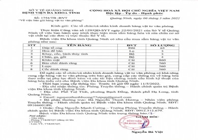 Thông báo về việc báo giá hàng vật tư văn phòng (Thông báo số 1754/TB - BVT)