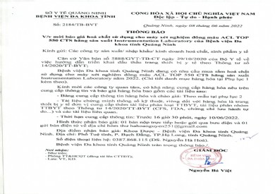 Thông báo mời báo giá hóa chất sử dụng cho máy xét nghiệm đông máu ACL TOP 550 CTS hãng Instrumentation Laboratory của Bệnh viện Đa khoa tỉnh (Thông báo số 2184/TB-BVT)