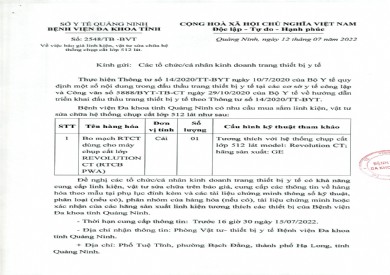 Báo giá linh kiện, vật tư sửa chữa hệ thống chụp cắt lớp 512 lát (Thông báo số 2548/TB-BVT)