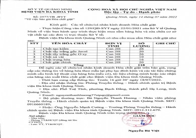 Bệnh viện Đa khoa tỉnh Quảng Ninh thông báo về việc báo giá Hoá chất giặt