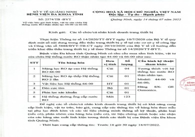 Thông báo báo giá linh kiện, vật tư, sửa chữa hệ thống nước RO thận nhân tạo 44-00 và 66-00 (Thông báo số 2574/TB-BVT)