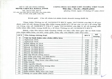 Báo giá vật tư, linh kiện sửa chữa điều hòa, cơ khí, máy giặt, máy sấy (Thông báo số 2613/TB-BVT)