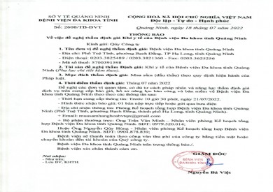 Thông báo đề nghị thẩm định giá khí y tế của Bệnh viện Đa khoa tỉnh Quảng Ninh (Thông báo số 2608/TB-BVT)