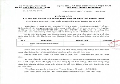 Thông báo mời báo giá Vật tư y tế của Bệnh viện Đa khoa tỉnh Quảng Ninh (Thông báo số 2564/TB-BVT)