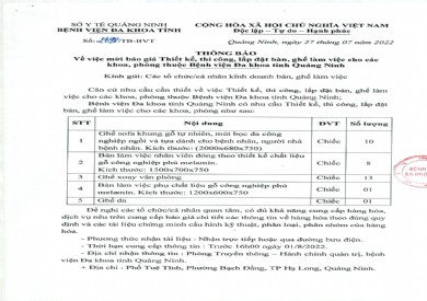Thông báo mời báo giá thiết kế, thi công, lắp đặt bàn, ghế làm việc cho các khoa, phòng thuộc bệnh viện (Số 2698/TB-BVT)