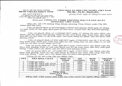 Thông báo kết quả lựa chọn nhà cung ứng hóa chất giặt tháng 7/2022 (Số 2697/TB-BVT)
