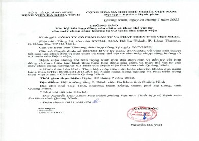 Thông báo ký kết hợp đồng sửa chữa và thay thế vật tư cho máy chụp cộng hưởng từ 0.3 tesla