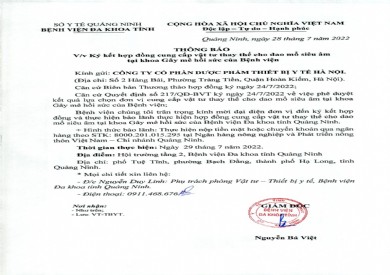 Thông báo ký kết hợp đồng sửa chữa và thay thế vật tư thay thế cho dao mổ siêu âm tại khoa GMHS