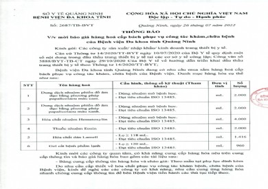 Thông báo mời báo giá hàng hóa cấp bách phục vụ công tác khám, chữa bệnh của Bệnh viện Đa khoa tỉnh Quảng Ninh (Số 2687/TB-BVT)