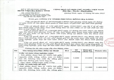 Thông báo kết quả lựa chọn nhà cung ứng vệ sinh công nghiệp, giấy hộp để bàn cho bệnh viện (Thông báo số 2264/TB-BVT)