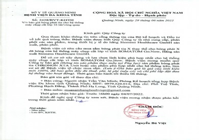 Công văn báo giá bóng phát tia cho hệ thống máy chụp cắt lớp 16 lát/ vòng quay (Công văn số 2428/BVT-KHTH)