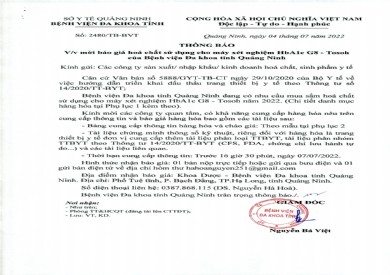 Thông báo mời báo giá hóa chất sử dụng cho máy xét nghiệm HbA1c G8 - Tosoh của Bệnh viện Đa khoa tỉnh (Thông báo số 2480/TB-BVT)