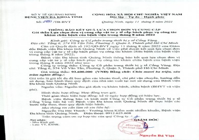 Thông báo kết quả lựa chọn đơn vị cung cấp gói thầu lựa chọn đơn vị cung cấp VTYT cấp bách phục vụ công tác khám chữa bệnh tháng 8/2022 (Số 2859/ TB-BVT)