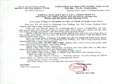 Thông báo kết quả lựa chọn đơn vị Thi công, sửa chữa, cải tạo cho các khoa/phòng của bệnh viện (Số 2875/TB-BVT)