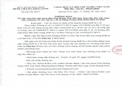 Thông báo mời báo giá mua sắm ống thông, ống dẫn lưu, ống nối, dây nối, chạc nối, catheter và các vật tư y tế sử dụng trong chẩn đoán điều trị khác (số 2890/TB_BVT)