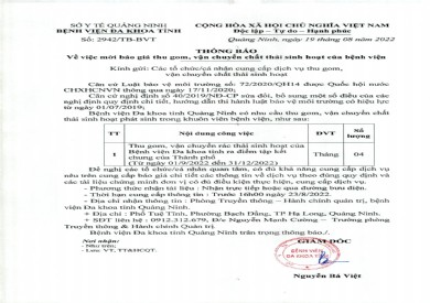 Thông báo mời báo giá thu gom, vận chuyển chất thải sinh hoạt của bệnh viện (Số 2942/TB-BVT)
