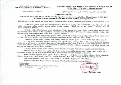 Thông báo mời báo giá hóa chất sử dụng cho máy xét nghiệm Realtime PCR DT Prime 5 của Bệnh viện Đa khoa tỉnh (Số 2930/TB-BVT)