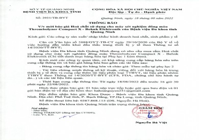 Thông báo mời báo giá hóa chất sử dụng cho máy xét nghiệm đông máu của Bệnh viện Đa khoa tỉnh (Số 2931/TB-BVT)