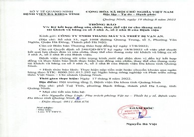 Thông báo ký kết hợp đồng sửa chữa, thay thế vật tư cho thang máy tải khách băng ca số 3 nhà A, số 2 nhà B của Bệnh viện