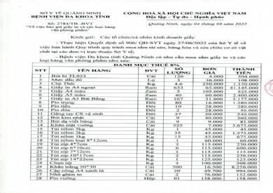 Báo giá giấy in và các loại hàng văn phòng phẩm (Thông báo số 2784/TB-BVT)