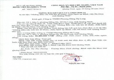 Thông báo kết quả lựa chọn đơn vị in tài liệu cho Bệnh viện Đa khoa tỉnh Quảng Ninh (Số 3045/TB-BVT)