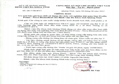 Mời báo giá hóa chất sử dụng cho máy xét nghiệm khí máu Stat Profile Prime - Nova Biomedical (Số 2817/TB-BVT)