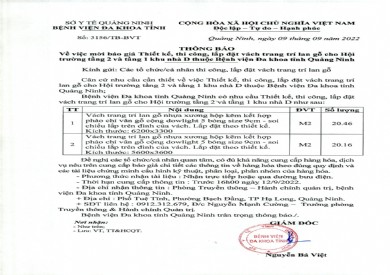 Thông báo mời báo giá thiết kế, thi công, lắp đặt vách trang trí cho hội trường tầng 2 và tầng 1 khu nhà D thuộc = bệnh viện (Số 3156/TB-BVT)