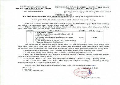 Thông báo mời báo giá thú nhồi bông làm quà tặng cho người hiến máu (Số 3089/TB-BVT)