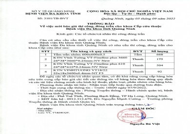 Thông báo mời báo giá thi công, đóng trần cho khoa Cấp cứu thuộc bệnh viện Đa khoa tỉnh (Số 3101/TB-BVT)