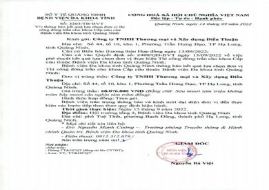 Thông báo kết quả lựa chọn đơn vị thi công, đóng trần cho khoa Cấp cứu của Bệnh viện Đa khoa tỉnh Quảng Ninh (Số 3203/TB-BVT)