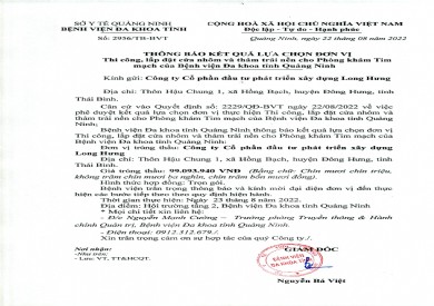 Thông báo kết quả lựa chọn đơn vị thi công, lắp đặt cửa nhôm và thảm trải nền cho phòng khám tim mạch bệnh viện đa khoa tỉnh (Số 2956/TB-BVT)