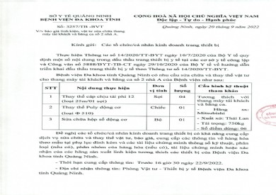 Thông báo mời báo giá linh kiện, vật tư sửa chữa thang máy tải khách và băng ca số 2 nhà A (Số 3257/TB-BVT)