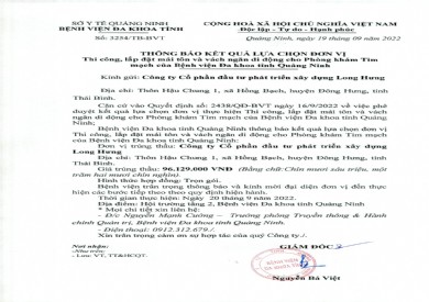 Thông báo kết quả lựa chọn đơn vị thi công, lắp đặt mái tôn và vách ngăn di động (Số 3254/TB-BVT)