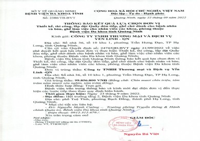 Thông báo kết quả lựa chọn đơn vị thiết kế, thi công, lắp đặt bàn ghế làm việc cho các khoa phòng bệnh viện (Số 2386/TB-BVT)
