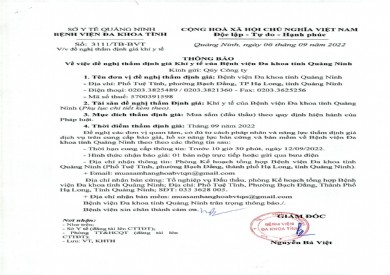 Thông báo đề nghị thẩm định giá khí y tế của Bệnh viện Đa khoa tỉnh Quảng Ninh (Số 3111/TB-BVT)