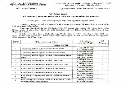 Thông báo mời báo giá thực hiện dịch vụ ngoại kiểm xét nghiệm (3104)