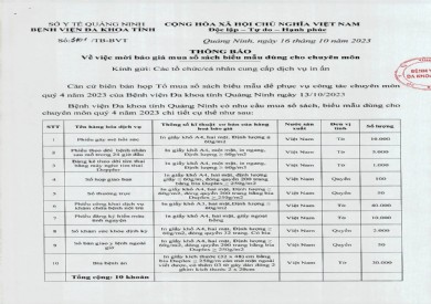Thông báo mời báo giá mua sổ sách biểu mẫu dùng cho chuyên môn (3101)