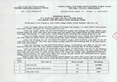 Thông báo mời báo giá vật tư y tế cấp bách (1342)
